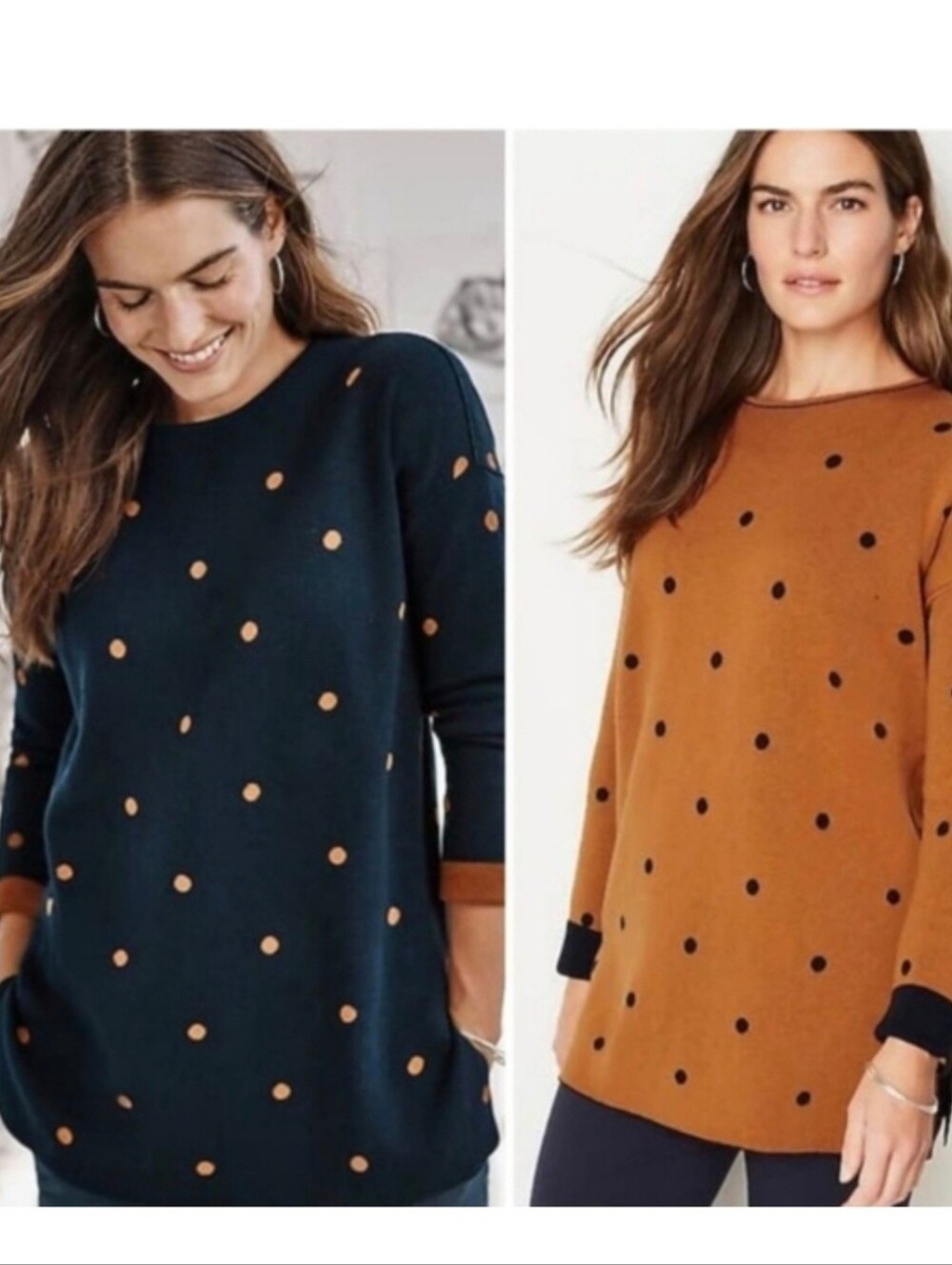 J.JILL Navy Blue Orange Knit Polka-Dot Scoop Neck Reversible Tunic Sweater SZ L